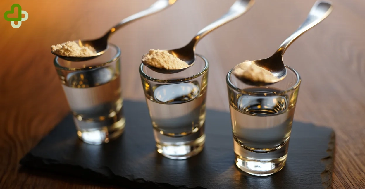 Три рюмки водки с ложками кокаина на сланцевой доске