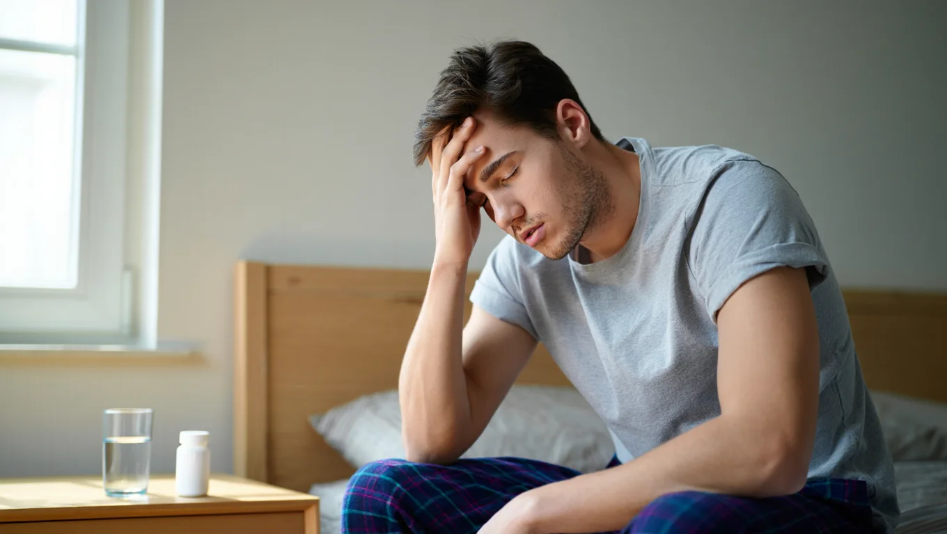 Мужчина сидит на кровати и держится за голову